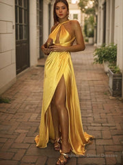 A-Line/Princess Halter Sweep Train Silk like Satin Prom Dresses With Leg Slit