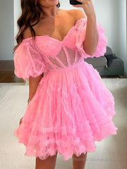 A-Line/Princess Off-the-Shoulder Corset Short/Mini Tulle Homecoming Dresses With Ruffles