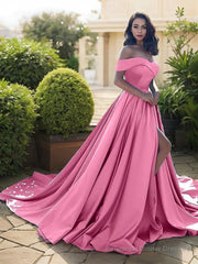 A-Line/Princess Off-the-Shoulder Court Train Satin Evening Dresses With Leg Slit