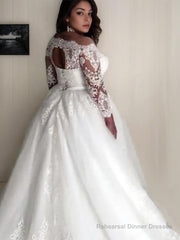 A-Line/Princess Off-the-Shoulder Court Train Tulle Wedding Dresses With Belt/Sash