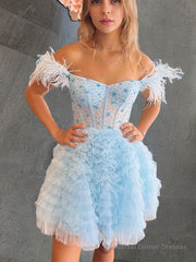 A-line/Princess Off-the-Shoulder Knee-Length Tulle Homecoming Dress with Cascading Ruffles