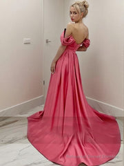 A-Line/Princess Off-the-Shoulder Sweep Train Satin Evening Dresses With Leg Slit