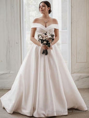 A-Line/Princess Off-the-Shoulder Sweep Train Satin Wedding Dresses