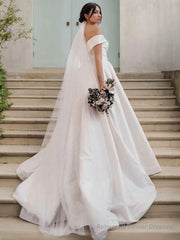 A-Line/Princess Off-the-Shoulder Sweep Train Satin Wedding Dresses