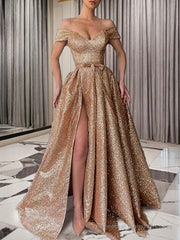 A-Line/Princess Off-the-Shoulder Sweep Train Sequins Prom Dresses With Leg Slit