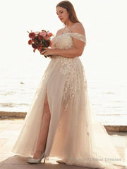 A-Line/Princess Off-the-Shoulder Sweep Train Tulle Wedding Dresses With Leg Slit