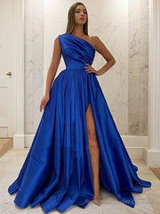 A-Line/Princess One-Shoulder Sweep Train Satin Prom Dresses With Leg Slit