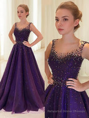 A-Line/Princess Scoop Floor-Length Tulle Prom Dresses With Beading