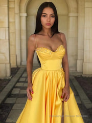 A-Line/Princess Spaghetti Straps Floor-Length Satin Prom Dresses With Leg Slit