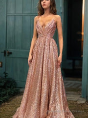 A-Line/Princess Spaghetti Straps Floor-Length Sequins Evening Dresses With Ruffles