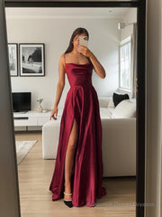 A-Line/Princess Spaghetti Straps Floor-Length Silk like Satin Prom Dresses With Leg Slit