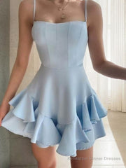 A-Line/Princess Spaghetti Straps Short/Mini Stretch Crepe Homecoming Dresses With Cascading Ruffles