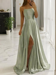 A-Line/Princess Spaghetti Straps Sweep Train Silk like Satin Prom Dresses With Leg Slit