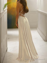 A-Line/Princess Spaghetti Straps Sweep Train Silk like Satin Prom Dresses With Leg Slit