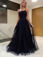 A-Line/Princess Spaghetti Straps Sweep Train Tulle Prom Dresses With Appliques Lace