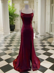 A-Line/Princess Spaghetti Straps Sweep Train Velvet Prom Dresses With Leg Slit