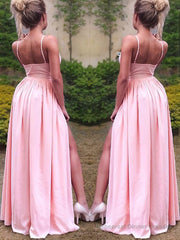 A-Line/Princess Straps Floor-Length Stretch Crepe Prom Dresses With Leg Slit