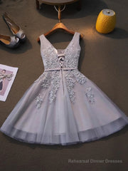 A-Line/Princess Straps Short/Mini Tulle Homecoming Dresses With Appliques Lace