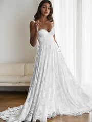 A-Line/Princess Straps Sweep Train Lace Wedding Dresses