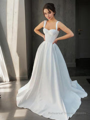 A-Line/Princess Straps Sweep Train Satin Wedding Dresses