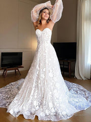 A-Line/Princess Sweetheart Cathedral Train Lace Wedding Dresses With Appliques Lace