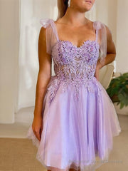 A-Line/Princess Sweetheart Short/Mini Tulle Homecoming Dresses With Appliques Lace