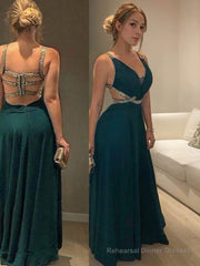 A-Line/Princess V-neck Floor-Length Chiffon Prom Dresses With Beading