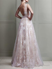 A-Line/Princess V-neck Floor-Length Tulle Evening Dresses With Appliques Lace