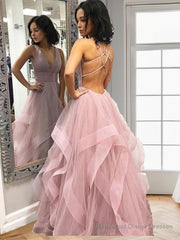 A-Line/Princess V-neck Floor-Length Tulle Evening Dresses With Ruffles