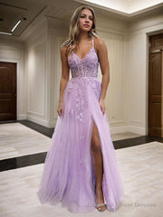 A-Line/Princess V-neck Floor-Length Tulle Prom Dresses With Leg Slit