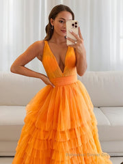 A-Line/Princess V-neck Floor-Length Tulle Prom Dresses With Ruffles