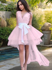 A-Line/Princess V-neck Short/Mini Tulle Homecoming Dresses With Belt/Sash