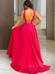 A-Line/Princess V-neck Sweep Train Elastic Woven Satin Evening Dresses With Ruffles