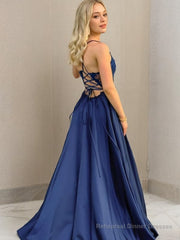 A-Line/Princess V-neck Sweep Train Elastic Woven Satin Prom Dresses With Leg Slit