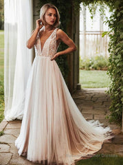 A-Line/Princess V-neck Sweep Train Lace Wedding Dresses