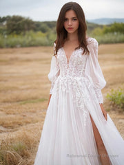 A-Line/Princess V-neck Sweep Train Lace Wedding Dresses With Leg Slit