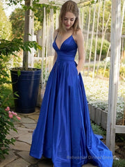 A-Line/Princess V-neck Sweep Train Satin Prom Dresses With Pockets