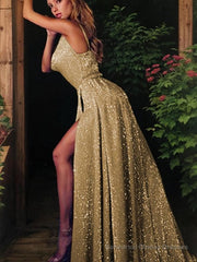 A-Line/Princess V-neck Sweep Train Sequins Evening Dresses With Leg Slit