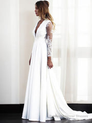 A-Line/Princess V-neck Sweep Train Stretch Crepe Wedding Dresses