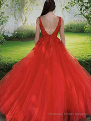 A-Line/Princess V-neck Sweep Train Tulle Evening Dresses With Appliques Lace