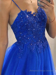 A-Line/Princess V-neck Sweep Train Tulle Prom Dresses With Appliques Lace