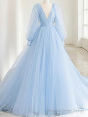 A-Line/Princess V-neck Sweep Train Tulle Prom Dresses With Ruffles