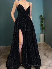 A-Line/Princess V-neck Sweep Train Velvet Sequins Prom Dresses With Leg Slit