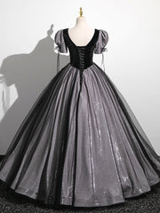 A-Line Puff Sleeves Black Long Prom Dress, Black Sweet 16 Dress