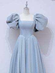 A-Line Puff sleeves Long Blue Prom Dress, Square Neckline Blue Long Formal Dress