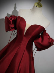 A-Line Puff Sleeves Satin Burgundy Long Prom Dress, Burgundy Long Formal Dress