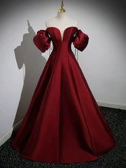 A-Line Puff Sleeves Satin Burgundy Long Prom Dress, Burgundy Long Formal Dress