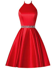 A-Line Red Satin Halter Beaidng Crystal Homecoming Dress With Pocket