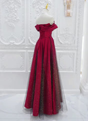 A-Line Red Satin Long Off Shoulder Evening Dress, Simple Floor Length Prom Dress