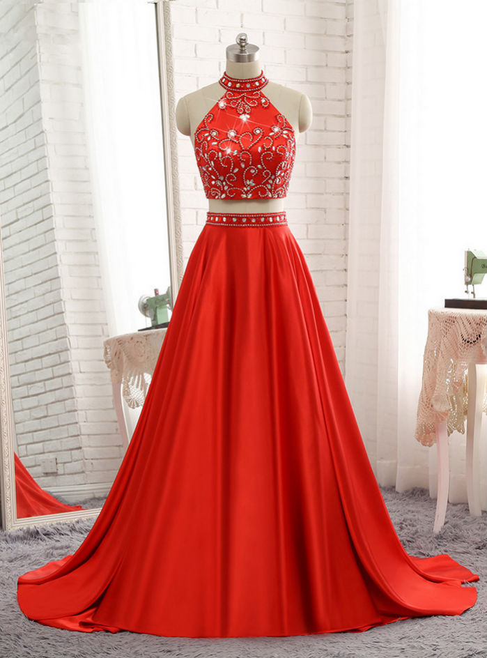 A-line Red Two Pieces Evening Dresses Soft Satin Prom Party Gown